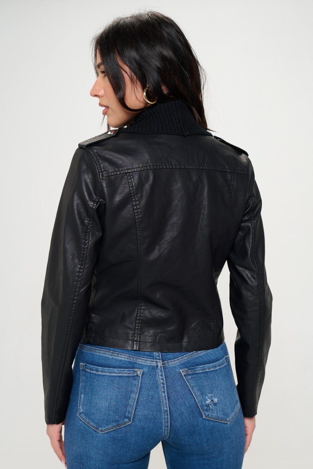 Black Knit Collared Faux Leather Crop Jacket