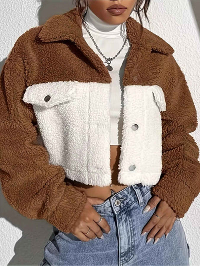Two-Tone Plush Cropped Jacket - Cozy Button-Up Style - Fashions Envy