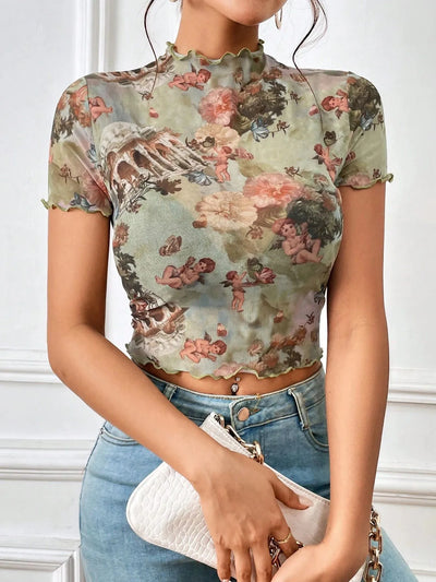 Abstract Print Ruffled Mock Neck Crop T-Shirt - Fashions Envy