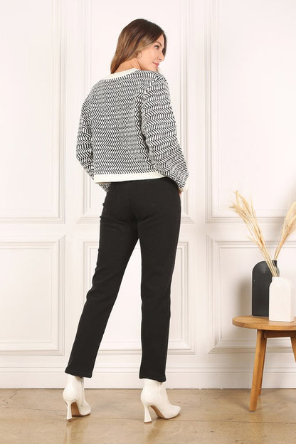 Herringbone Pattern Crew Neck Long Sleeve Sweater