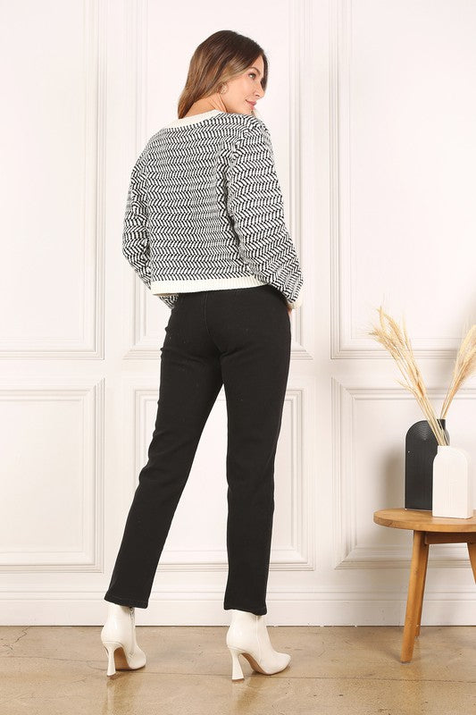 Herringbone Pattern Crew Neck Long Sleeve Sweater