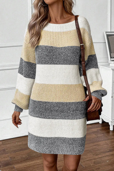 Color Block Boat Neck Long Sleeve Sweater Dress - Fashions Envy