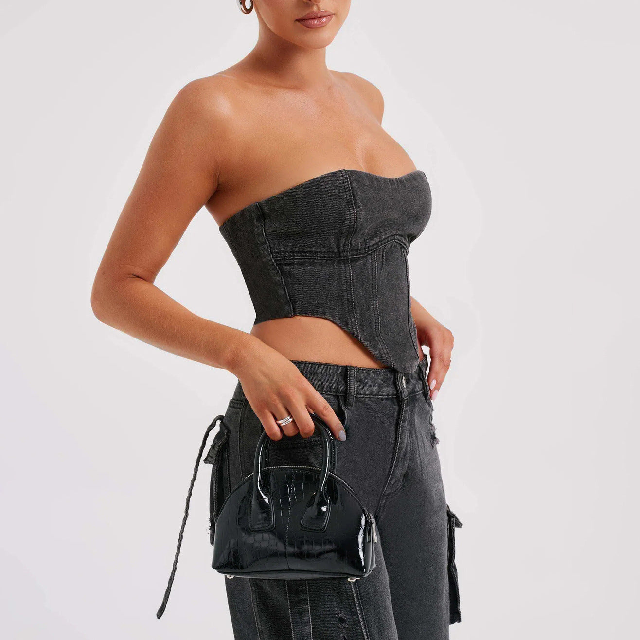 Low Waist Three-dimensional Tube Top and Pocket Stitching Cargo Jeans