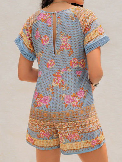 Printed V-Neck Short Sleeve Light Blue Romper