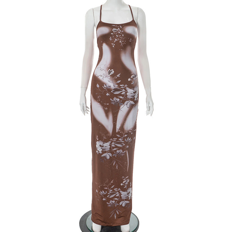 Floral Print Maxi Dress - Backless Cross Tied Style - Fashions Envy