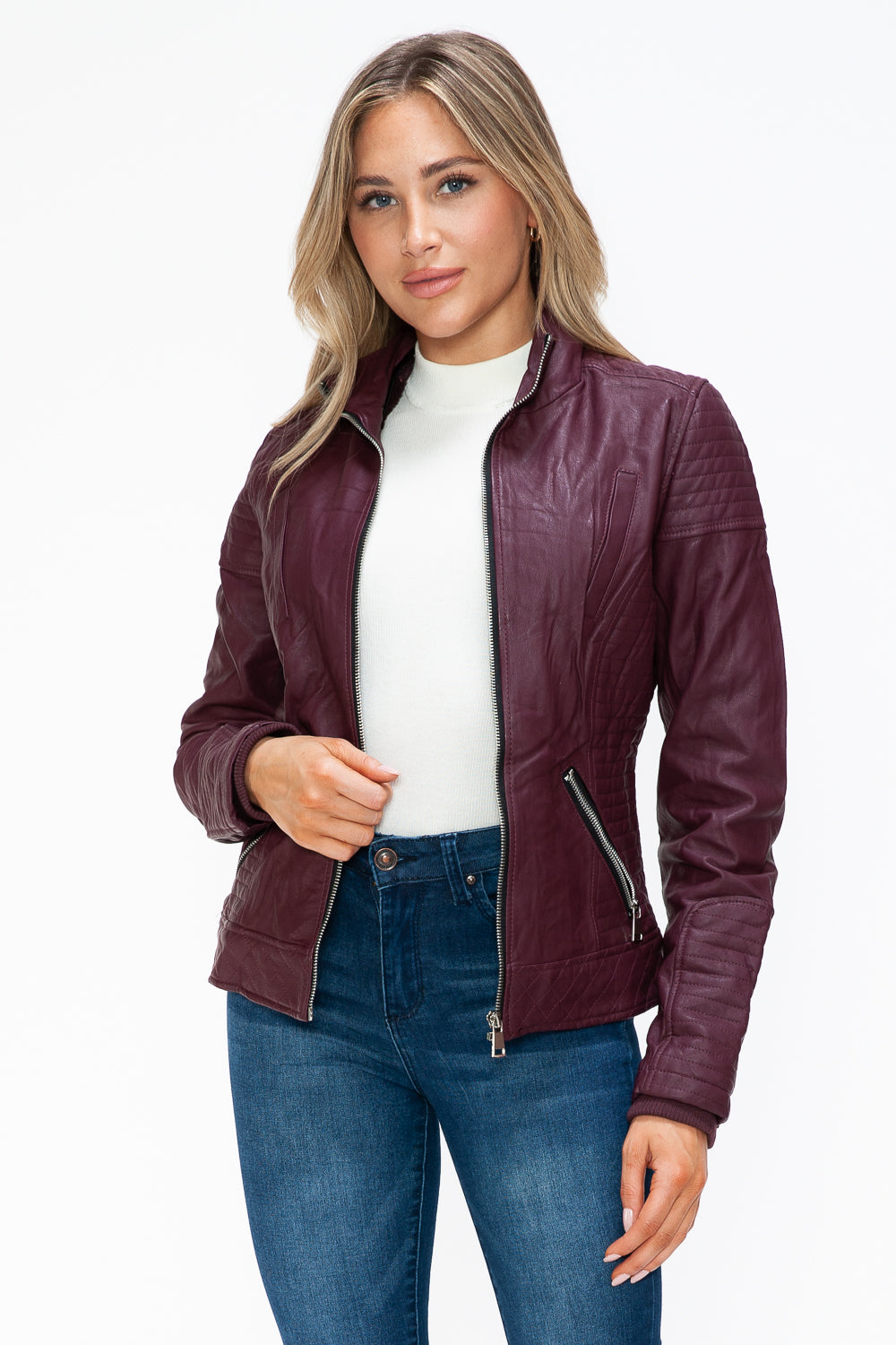 Wine Faux Layered Double-Zipper Jacket with Fuzzy Hood