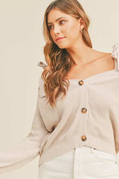 MABLE Off Shoulder Self Tie Strap Button Down Sweater - Fashions Envy