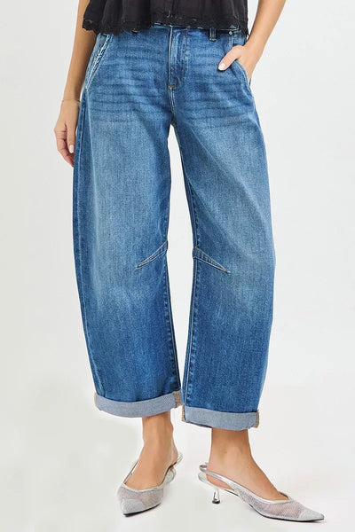 RISEN Barrel Jeans - Slouchy Cropped Cuffed Hem - Fashions Envy