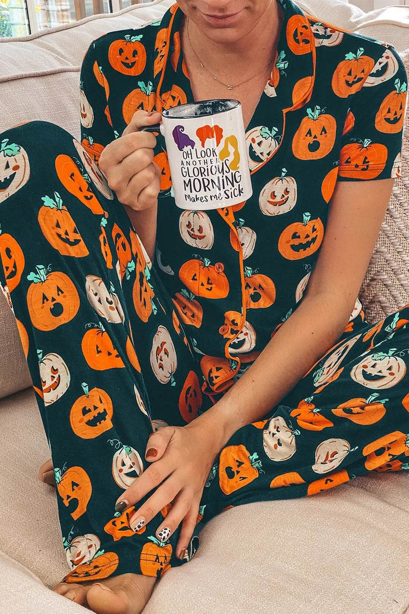 Pumpkin Printed Short Sleeve Top and Pants Lounge Set - Fashions Envy