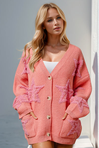 Double Take Full Size Button Up Star Pattern Cardigan - Fashions Envy