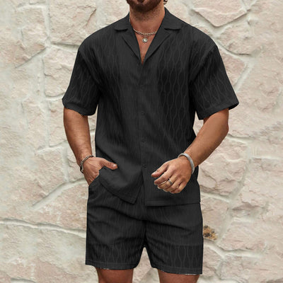 Men's Summer Fashion Solid Loose Casual Two Pieces Lapel Button Shirt Shorts Set