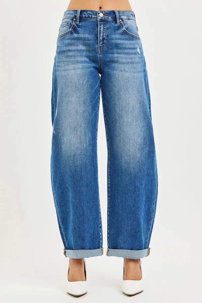 RISEN Barrel Jeans Women - Mid Rise Double Roll Cuff - Fashions Envy