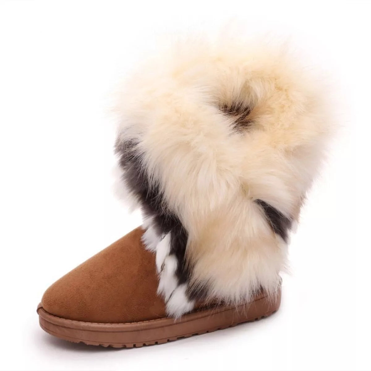 Fluffy Fur Cuff Round Toe Boots - Fashions Envy