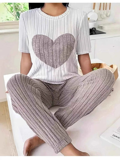 Heart Ribbed Knit Top and Pants Lounge Set