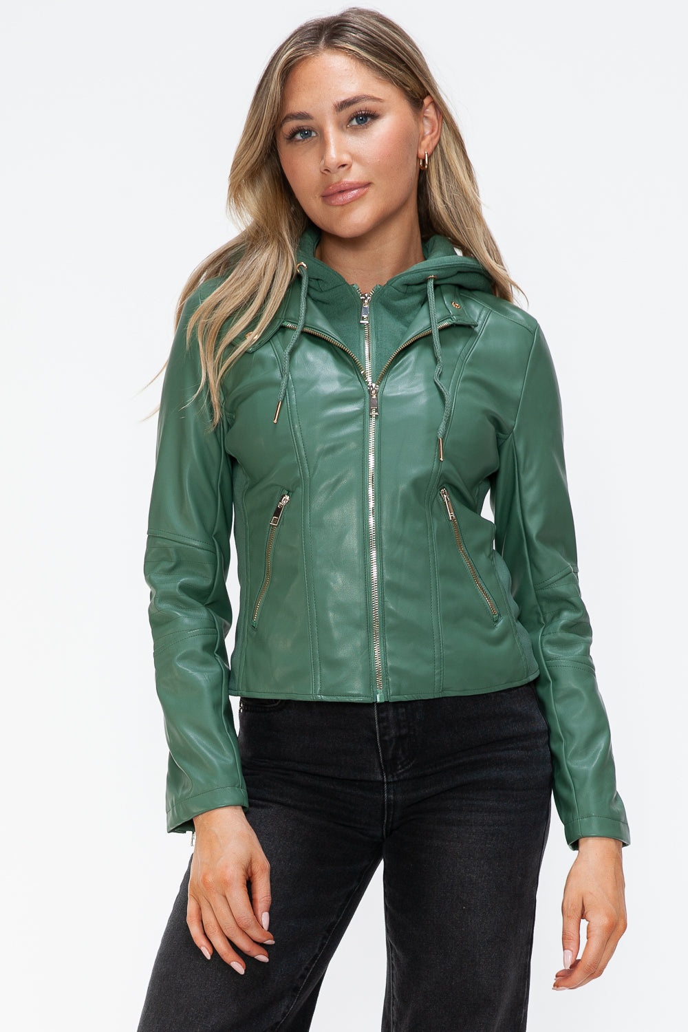 Sage Faux Leather Zip Up Drawstring Hooded Jacket