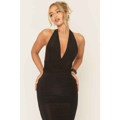 Womens Solid-Colored Sleeveless Backless Halter Dress