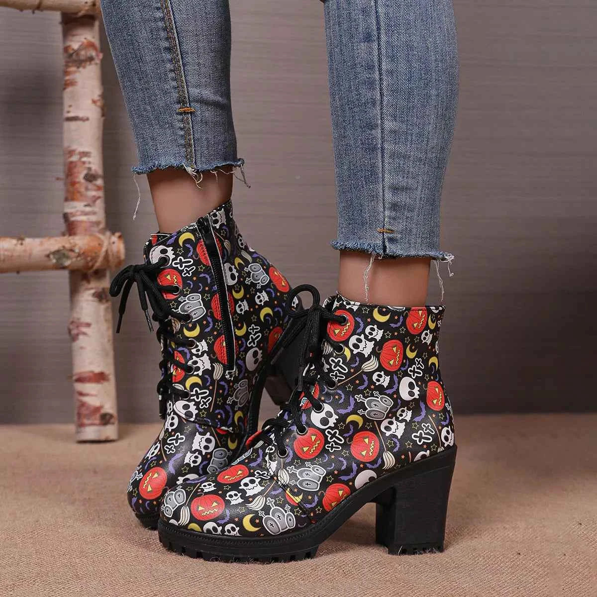 Skull Print Chunky Heel Ankle Boots