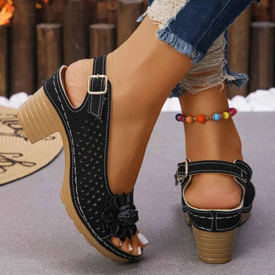 Floral Accent Block Heel Sandals