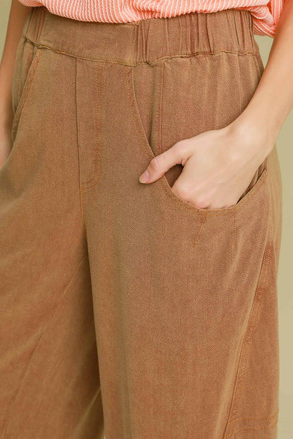 Caramel Elastic Waist Baggy Fit Pants with Pockets