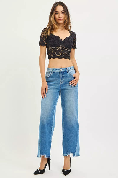 RISEN Slouchy Cropped Barrel Jeans - Contrast Wash - Fashions Envy