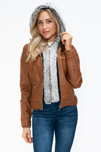 Camel Faux Layered Double-Zipper Jacket with Fuzzy Hood