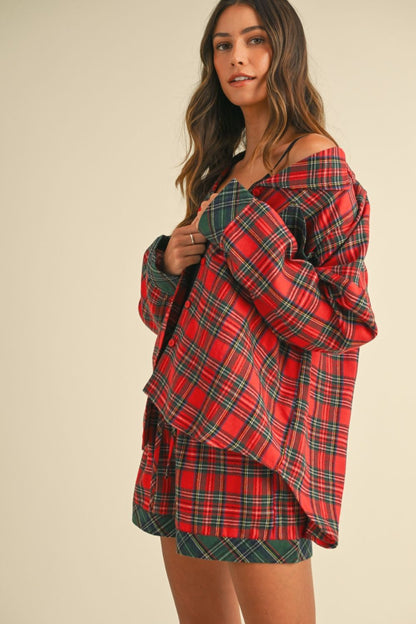 Red Contrast Plaid Long Sleeve Top and Shorts Set