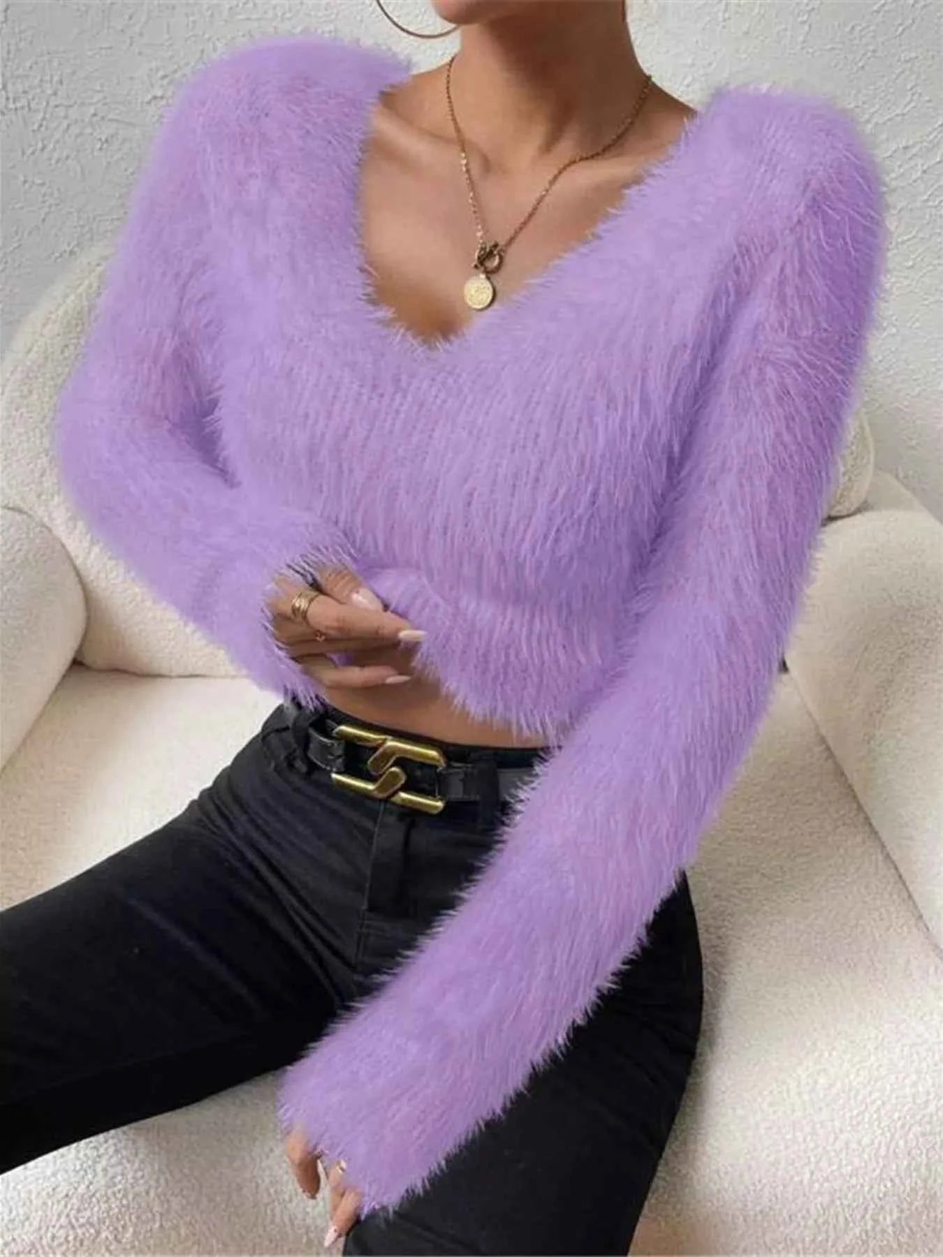 Fluffy Knit V-Neck Sweater