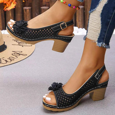 Floral Accent Block Heel Sandals