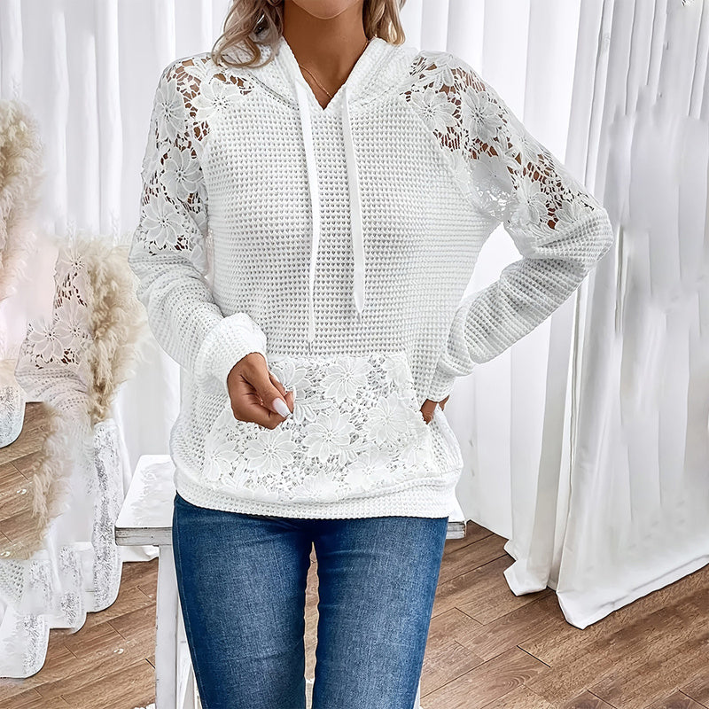 Women's Solid Color Casual Hoodie With Lace-Trim