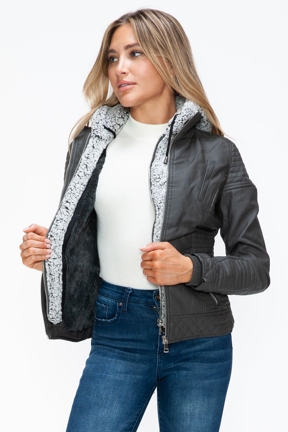 Charcoal Faux Layered Double-Zipper Jacket with Fuzzy Hood