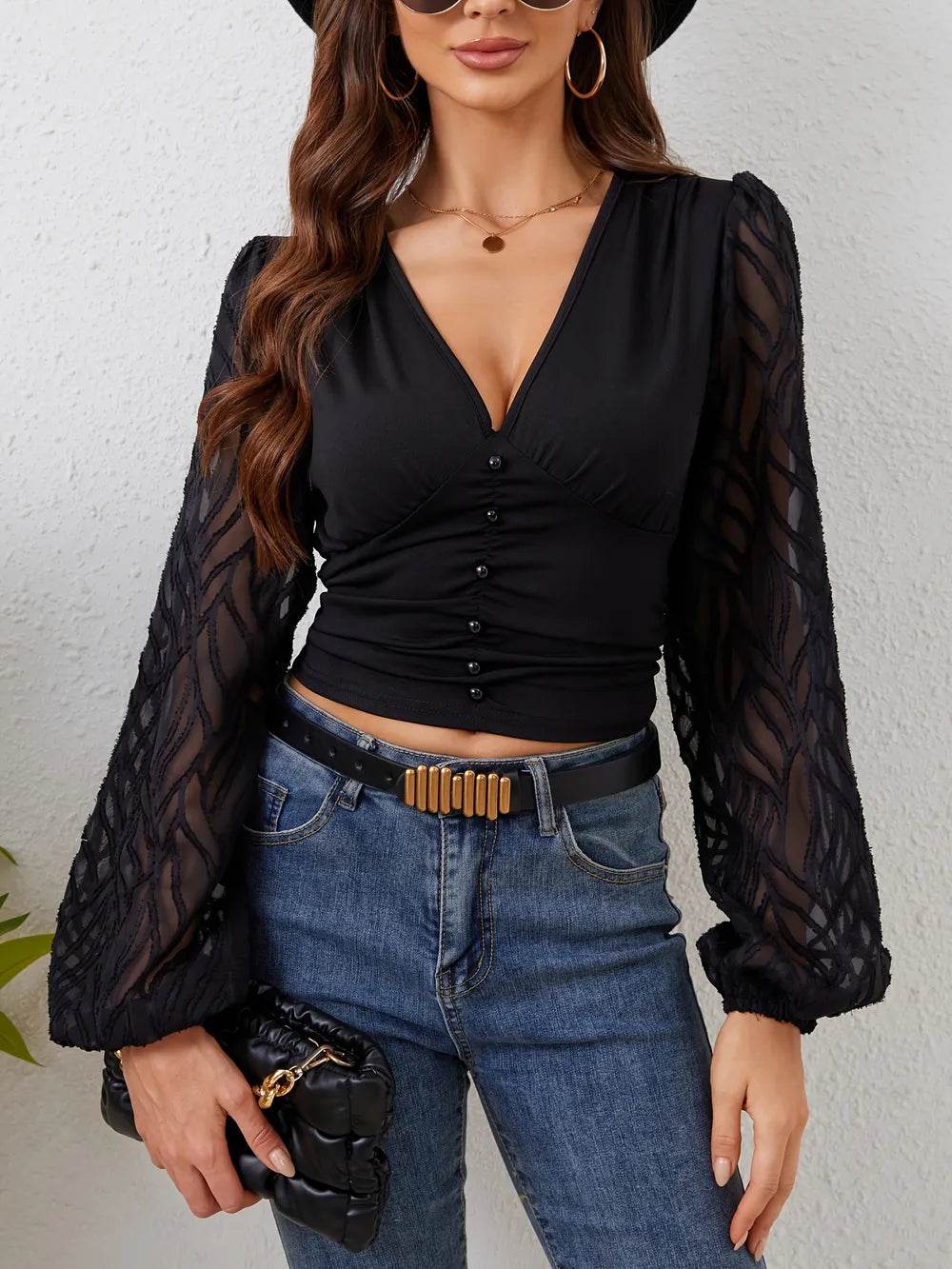 Lace Patchwork Plunge Long Sleeve Blouse - Elegant Statement Top - Fashions Envy