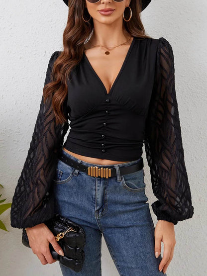 Lace Patchwork Plunge Long Sleeve Blouse - Elegant Statement Top - Fashions Envy