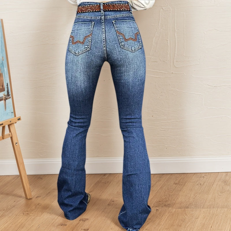 Mid-Waist Wide Leg Embroidered Jeans - Vintage Wash Denim