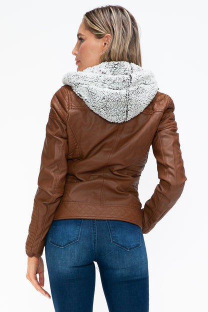 Rust Faux Layered Double-Zipper Jacket with Fuzzy Hood