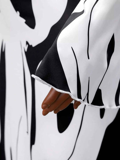 Abstract Print Maxi Dress - Long Sleeve Tie Back Style - Fashions Envy