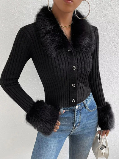 Faux Fur Trim Ribbed Knit Cropped Cardigan - Fashions Envy