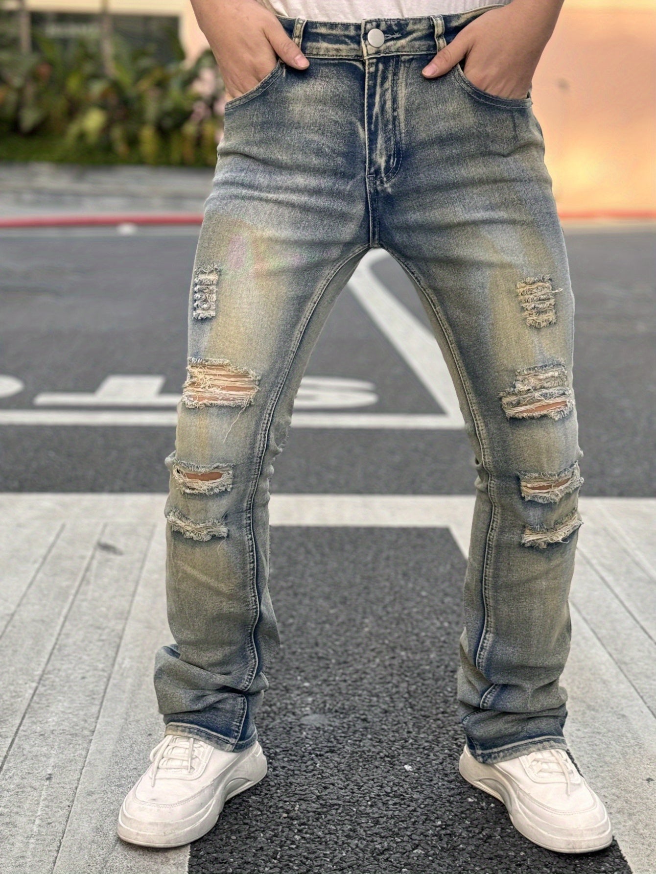 Ombre Pattern Ripped Fashion Stretch Jeans