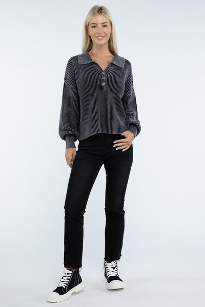 Ribbed Washed Collared Henley Sweater - Fashions Envy