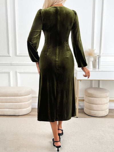 V-Neck Midi Dress - Slit Detail Long Sleeve Style