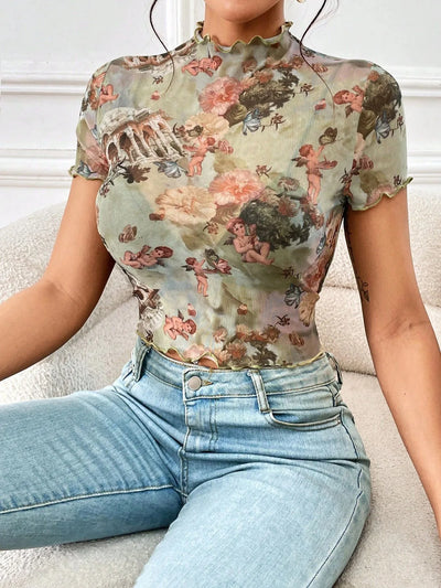 Abstract Print Ruffled Mock Neck Crop T-Shirt - Fashions Envy