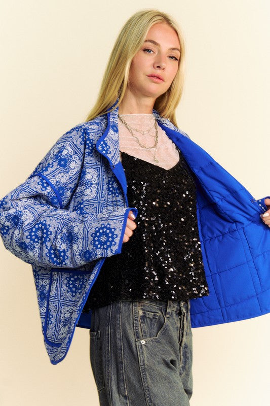 Blue Vintage Print Open Front Jacket with Pockets