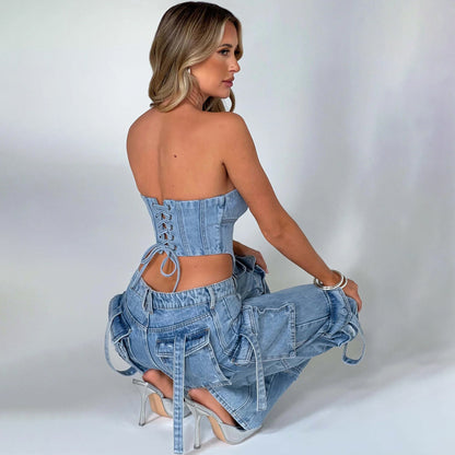 Low Waist Three-dimensional Tube Top and Pocket Stitching Cargo Jeans