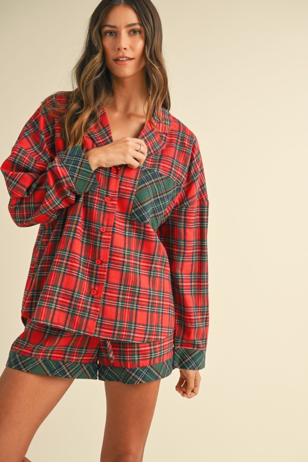 Red Contrast Plaid Long Sleeve Top and Shorts Set