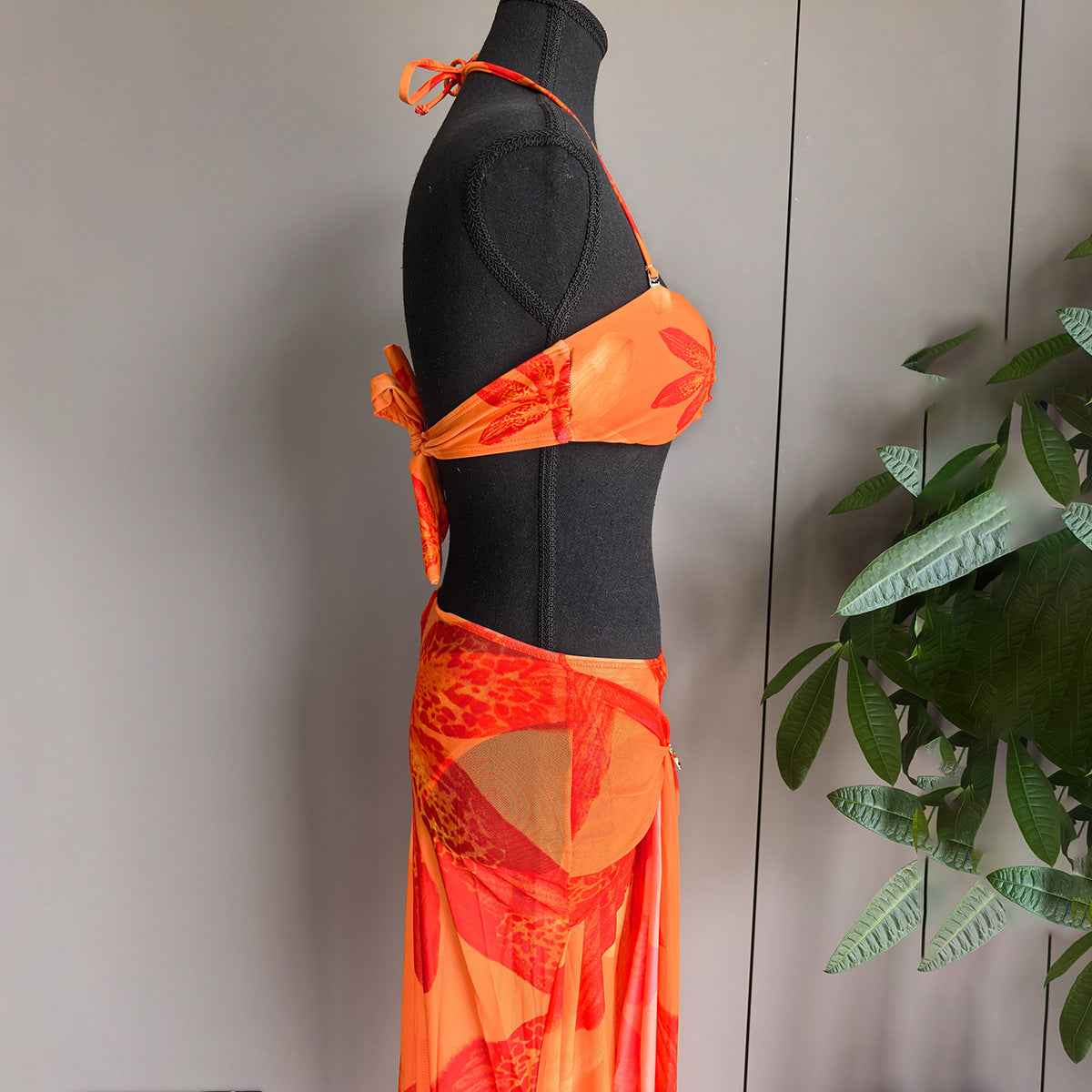 Orange Print Bikini Set - Tie Strap Triangle Two-Piece Swimsuit