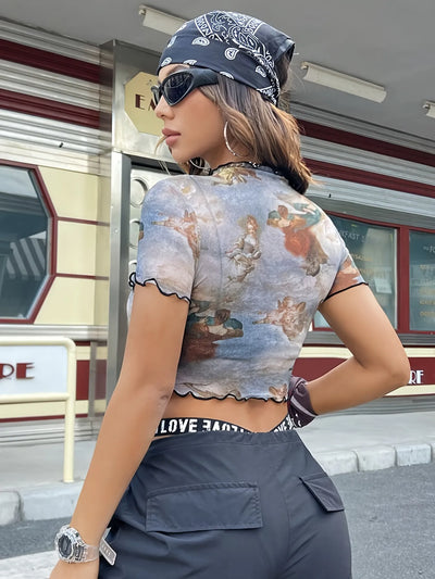 Abstract Print Ruffled Mock Neck Crop T-Shirt - Fashions Envy
