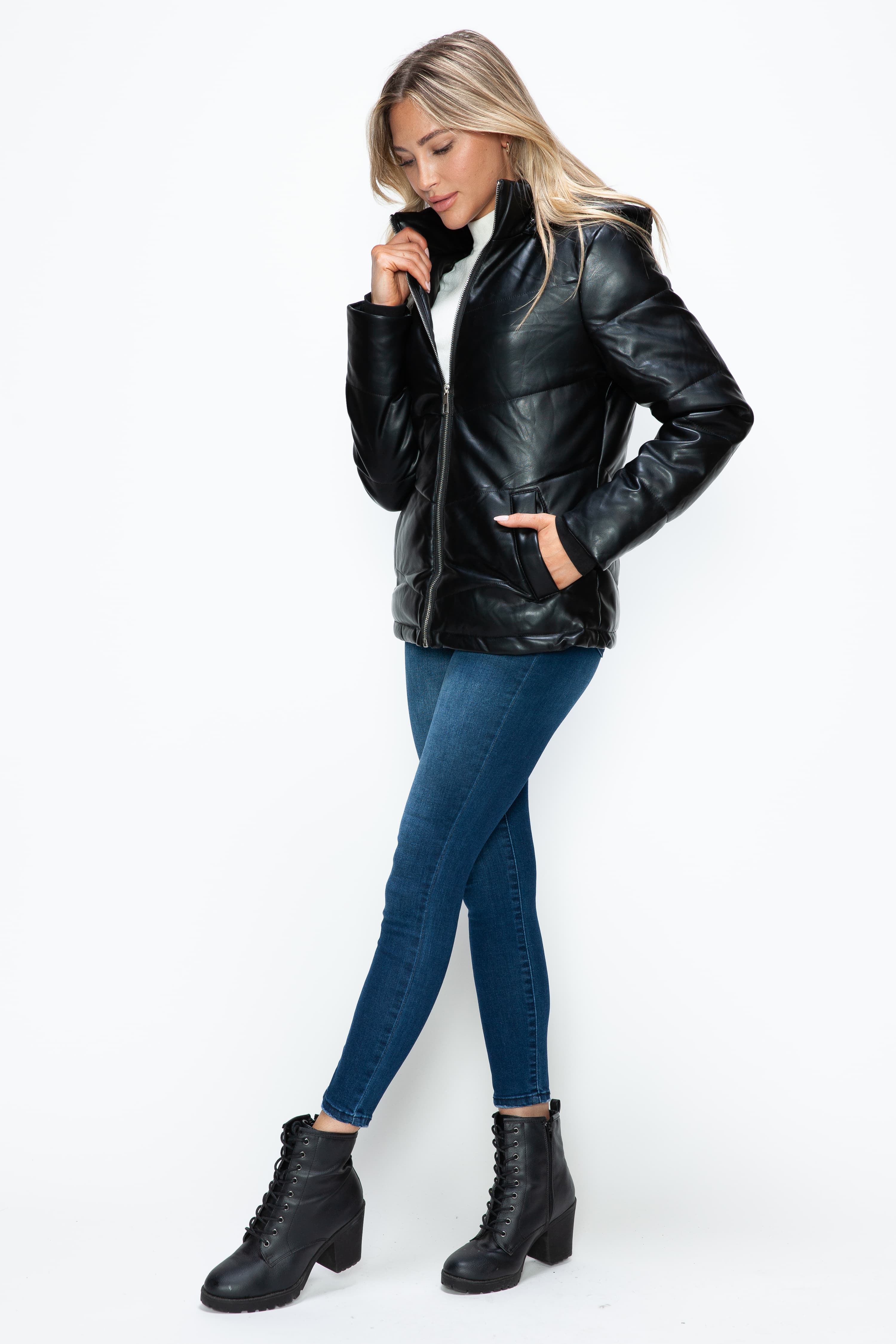 Black Pocketed Zip Up Puffer Jacket with Removable Hood