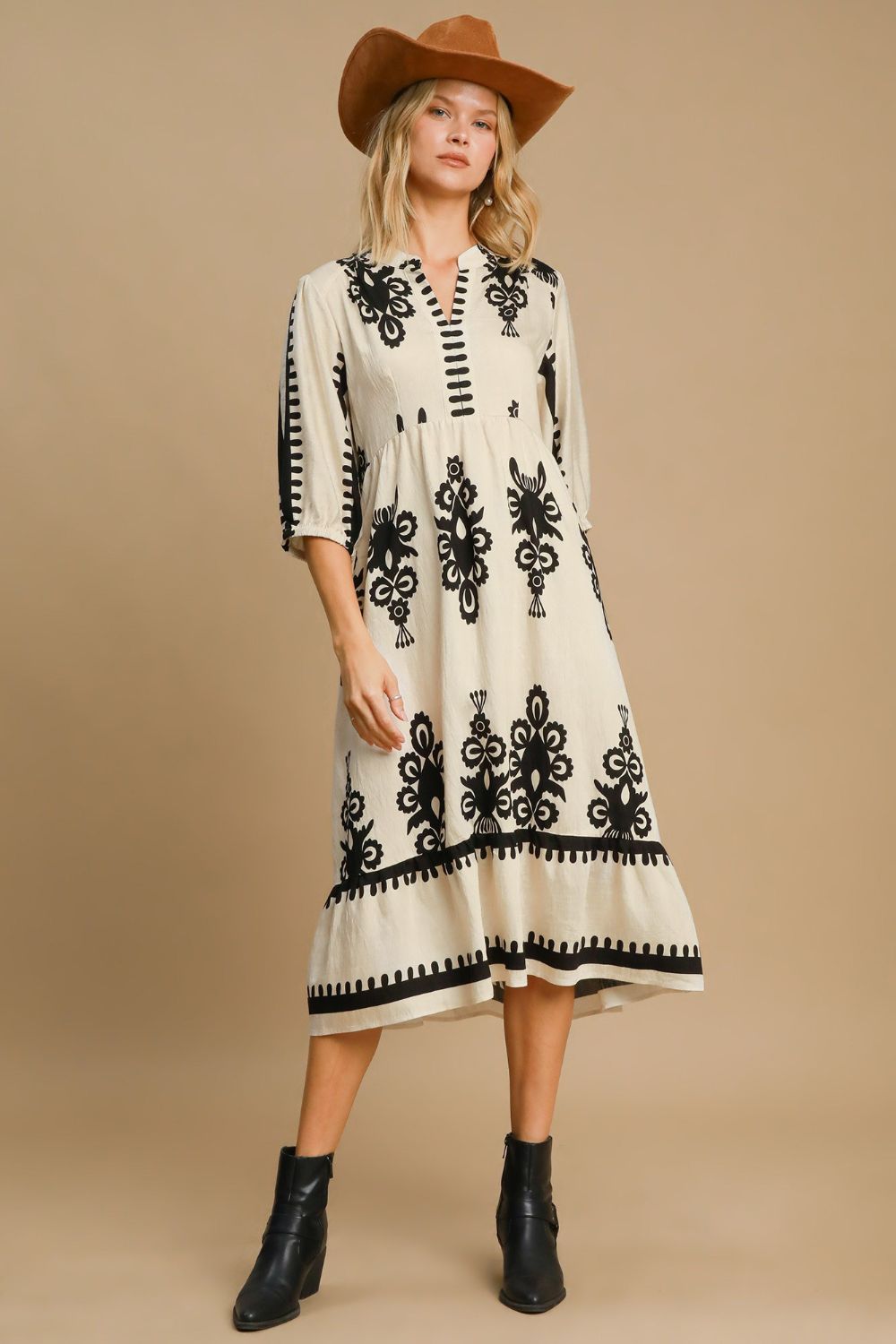 Cream Printed Notched 3/4 Sleeve Midi Dress