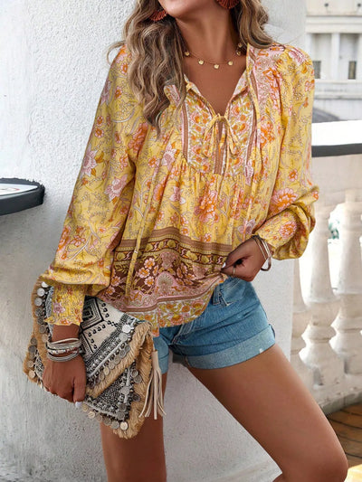 Bohemian Blouse - Floral Print Tie Neck - Fashions Envy
