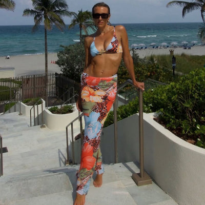 Three Piece Bikini Set - Tie Print Cover Up Beach - Fashions Envy