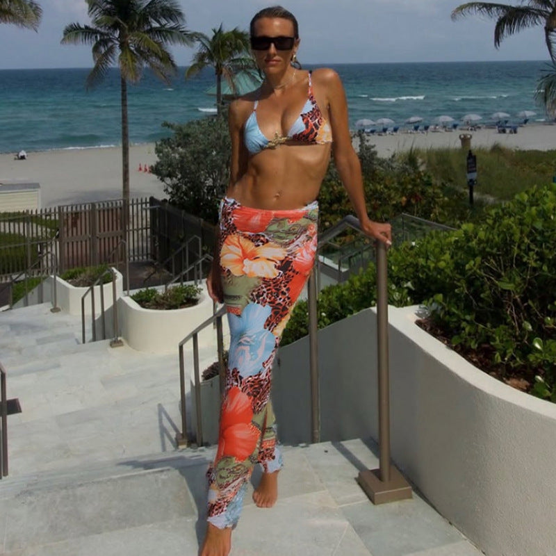 Three Piece Bikini Set - Tie Print Cover Up Beach - Fashions Envy